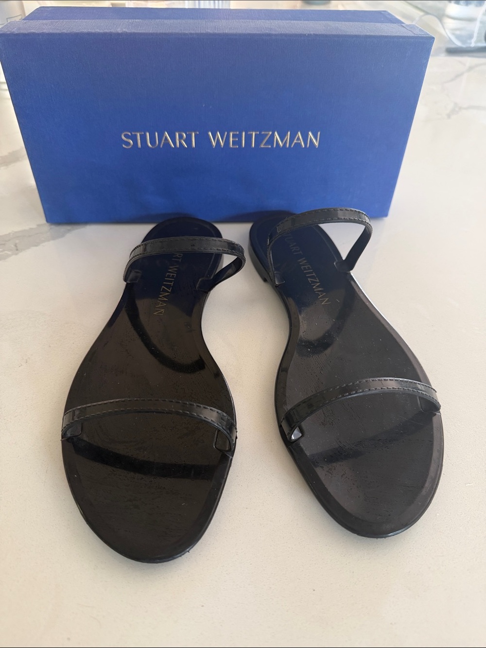 Stuart Weitzman Black  Two-Strap Flat Sandals